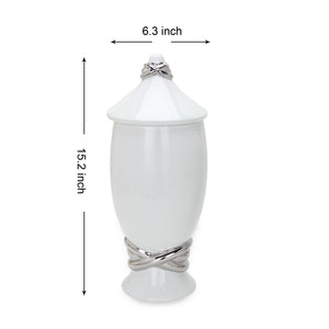 Homeroots 13" Elegant White And Silver Abstract Oval Ceramic Ginger Jar – Chic Decor For Timeless Style  Ceramic 571579