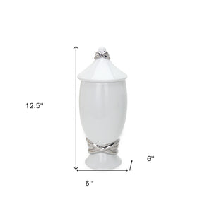 Homeroots 13" Elegant White And Silver Abstract Oval Ceramic Ginger Jar – Chic Decor For Timeless Style  Ceramic 571579