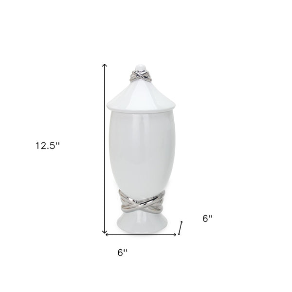 Homeroots 13" Elegant White And Silver Abstract Oval Ceramic Ginger Jar – Chic Decor For Timeless Style  Ceramic 571579