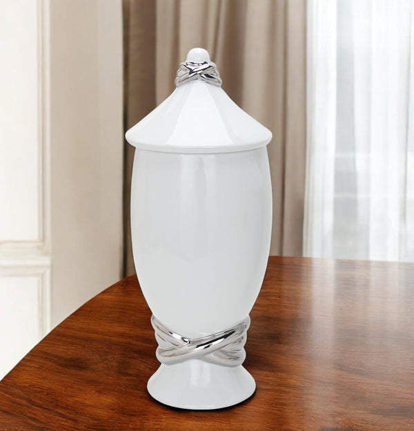 Homeroots 13" Elegant White And Silver Abstract Oval Ceramic Ginger Jar – Chic Decor For Timeless Style  Ceramic 571579