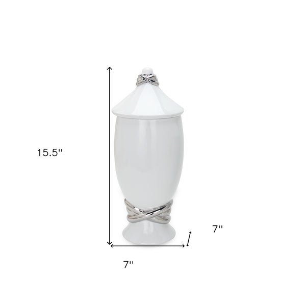 Homeroots 16" White And Silver Abstract Urn Ceramic Ginger Jar  Ceramic 571580