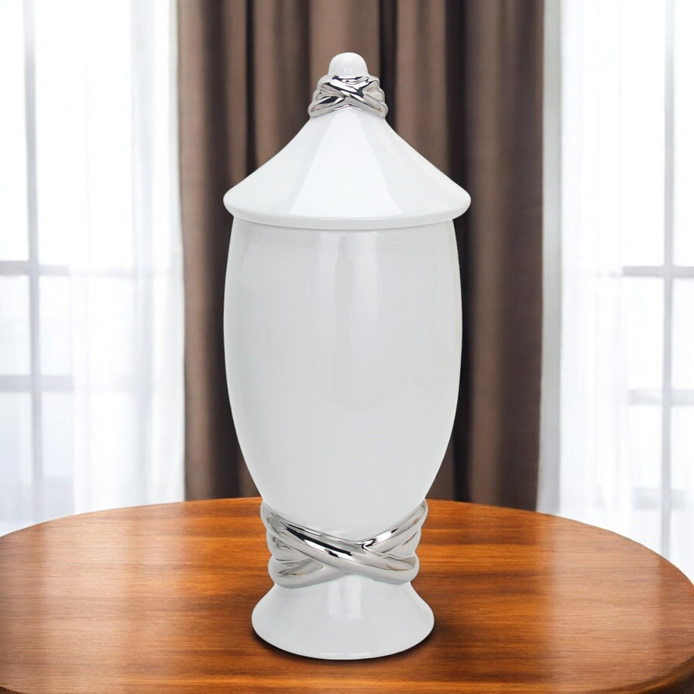 Homeroots 16" White And Silver Abstract Urn Ceramic Ginger Jar  Ceramic 571580