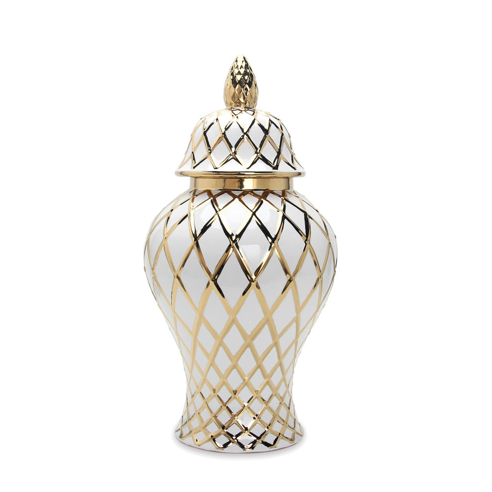 Homeroots 17" White And Gold Geometric Urn Ceramic Ginger Jar  Ceramic 571581