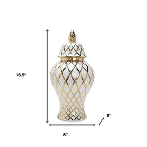 Homeroots 17" White And Gold Geometric Urn Ceramic Ginger Jar  Ceramic 571581