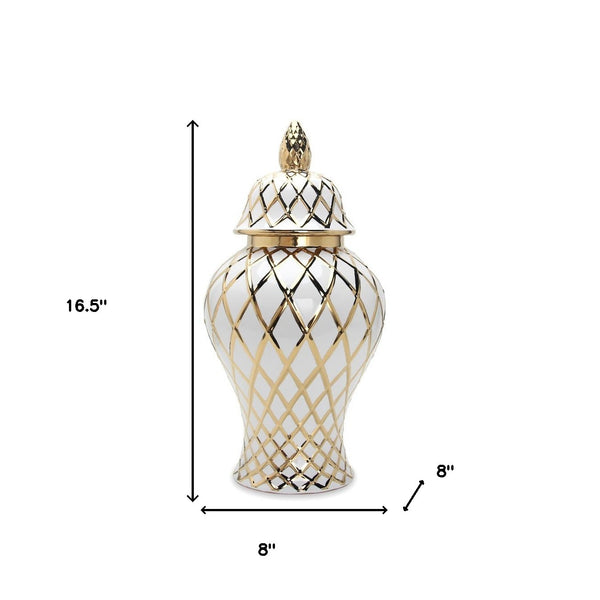 Homeroots 17" White And Gold Geometric Urn Ceramic Ginger Jar  Ceramic 571581
