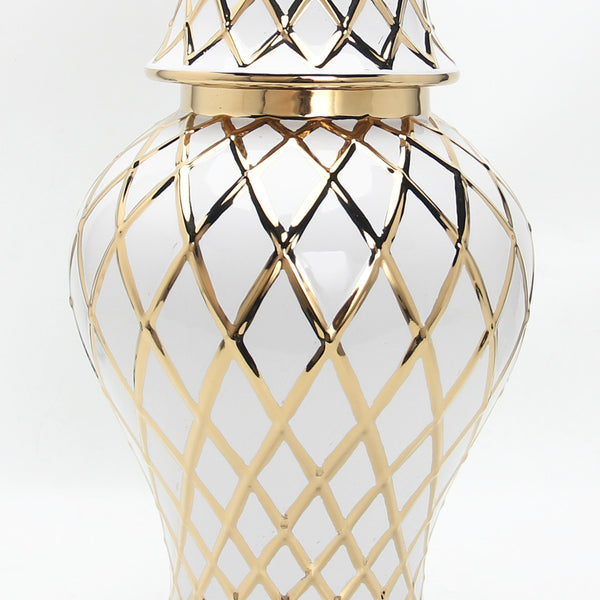 Homeroots 21" White And Gold Geometric Urn Ceramic Ginger Jar  Ceramic 571582