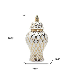 Homeroots 21" White And Gold Geometric Urn Ceramic Ginger Jar  Ceramic 571582