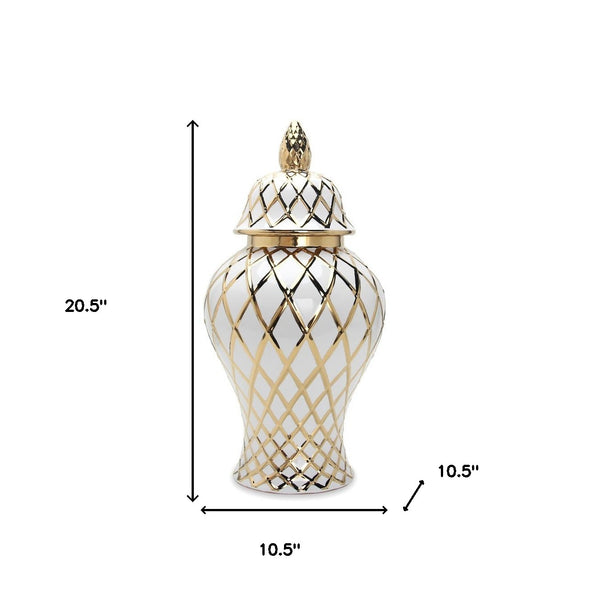 Homeroots 21" White And Gold Geometric Urn Ceramic Ginger Jar  Ceramic 571582