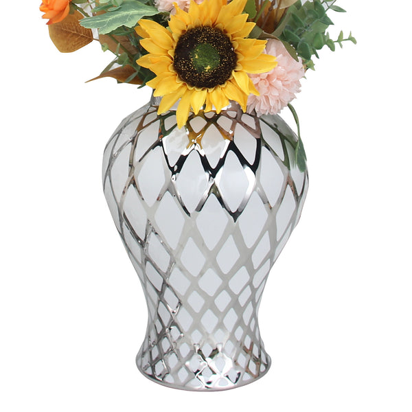 Homeroots 17" White And Silver Ceramic Geometric Round Ginger Jar  Ceramic 571583