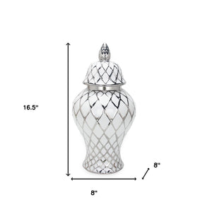 Homeroots 17" White And Silver Ceramic Geometric Round Ginger Jar  Ceramic 571583