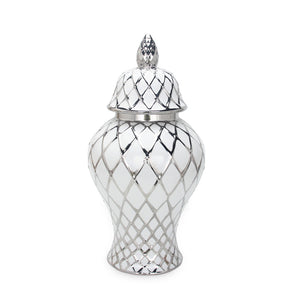 Homeroots 21" White And Silver Geometric Urn Ceramic Ginger Jar  Ceramic 571584