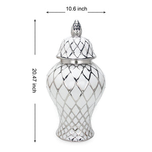 Homeroots 21" White And Silver Geometric Urn Ceramic Ginger Jar  Ceramic 571584