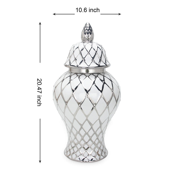 Homeroots 21" White And Silver Geometric Urn Ceramic Ginger Jar  Ceramic 571584