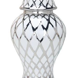 Homeroots 21" White And Silver Geometric Urn Ceramic Ginger Jar  Ceramic 571584