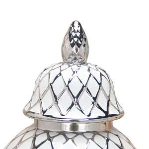 Homeroots 21" White And Silver Geometric Urn Ceramic Ginger Jar  Ceramic 571584