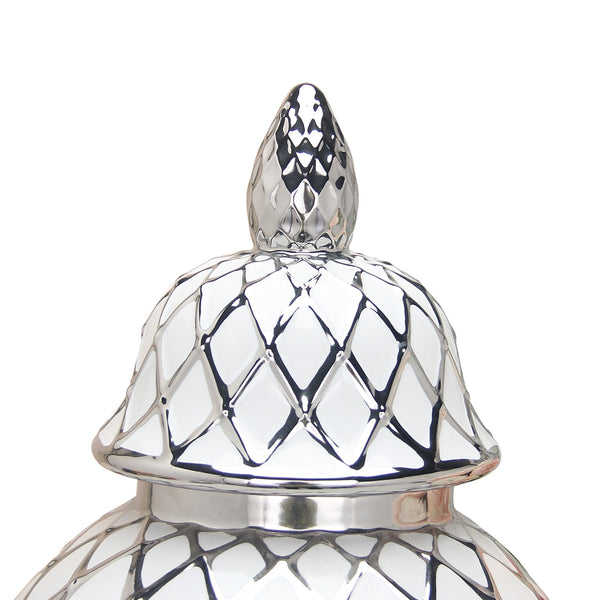 Homeroots 21" White And Silver Geometric Urn Ceramic Ginger Jar  Ceramic 571584