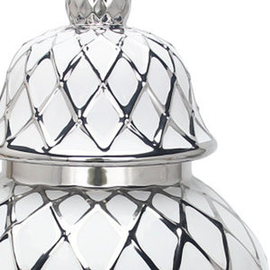 Homeroots 21" White And Silver Geometric Urn Ceramic Ginger Jar  Ceramic 571584