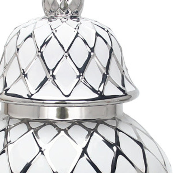 Homeroots 21" White And Silver Geometric Urn Ceramic Ginger Jar  Ceramic 571584