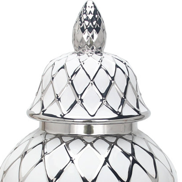 Homeroots 21" White And Silver Geometric Urn Ceramic Ginger Jar  Ceramic 571584