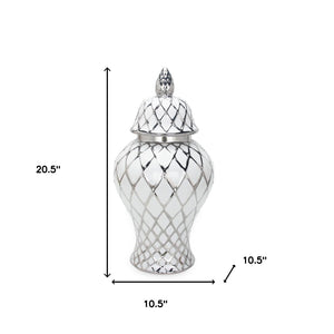 Homeroots 21" White And Silver Geometric Urn Ceramic Ginger Jar  Ceramic 571584