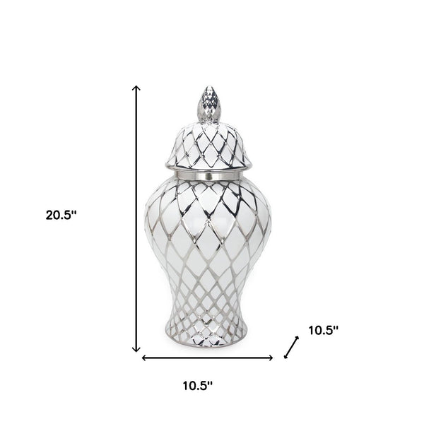 Homeroots 21" White And Silver Geometric Urn Ceramic Ginger Jar  Ceramic 571584