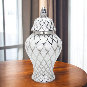 Homeroots 21" White And Silver Geometric Urn Ceramic Ginger Jar  Ceramic 571584