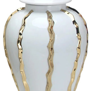 Homeroots 25" White And Gold Ceramic Abstract Oval Ginger Jar  Ceramic 571585