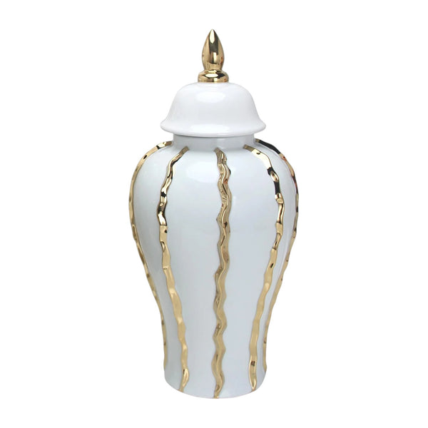 Homeroots 25" White And Gold Ceramic Abstract Oval Ginger Jar  Ceramic 571585