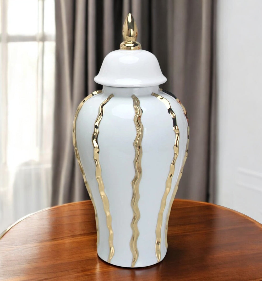 Homeroots 25" White And Gold Ceramic Abstract Oval Ginger Jar  Ceramic 571585
