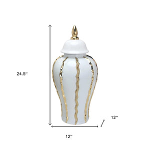 Homeroots 25" White And Gold Ceramic Abstract Oval Ginger Jar  Ceramic 571585