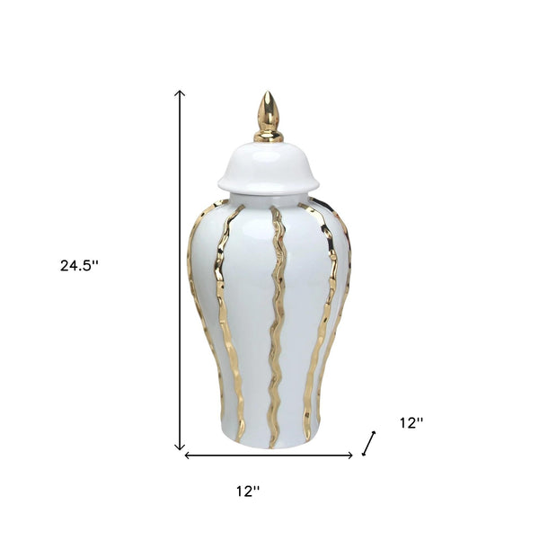 Homeroots 25" White And Gold Ceramic Abstract Oval Ginger Jar  Ceramic 571585