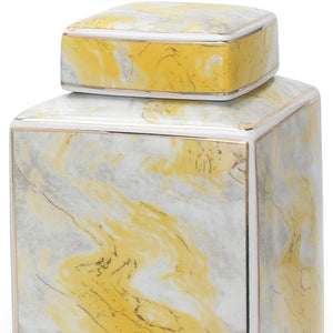 Homeroots 11" Gray And Gold Abstract Square Ceramic Ginger Jar  Ceramic 571586