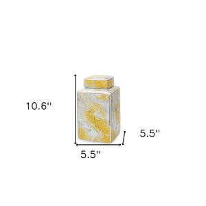 Homeroots 11" Gray And Gold Abstract Square Ceramic Ginger Jar  Ceramic 571586