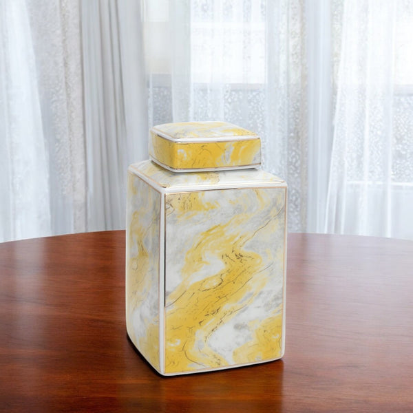 Homeroots 11" Gray And Gold Abstract Square Ceramic Ginger Jar  Ceramic 571586