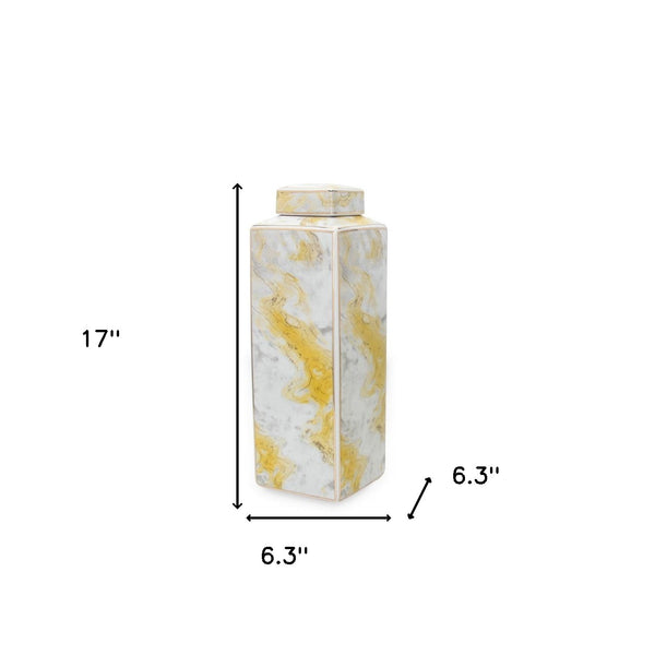 Homeroots 17" Gray And Gold Ceramic Abstract Square Ginger Jar  Ceramic 571587