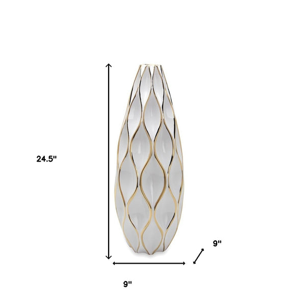 Homeroots 25" White And Gold Ceramic Geometric Wavy Table Vase  Ceramic 571589