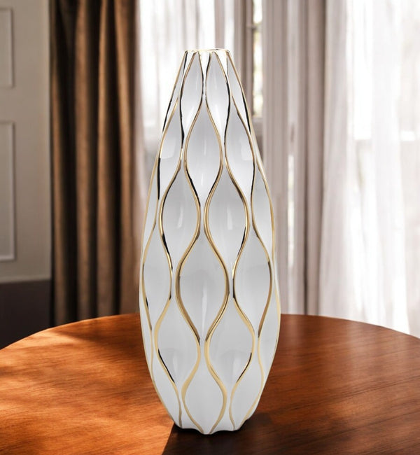 Homeroots 25" White And Gold Ceramic Geometric Wavy Table Vase  Ceramic 571589