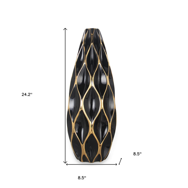 Homeroots 24" Black And Gold Ceramic Geometric Wavy Table Vase  Ceramic 571591