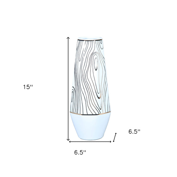 Homeroots 15" White And Gold Faux Bois Cylinder Ceramic Table Vase  Ceramic 571593