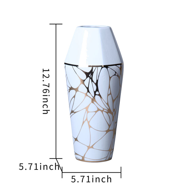 Homeroots 13" White And Gold Abstract Cylinder Ceramic Table Vase  Ceramic 571594