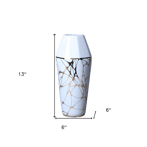 Homeroots 13" White And Gold Abstract Cylinder Ceramic Table Vase  Ceramic 571594