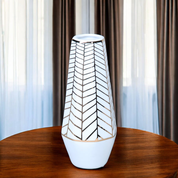 Homeroots 10" White And Gold Geometric Cylinder Ceramic Table Vase - Modern Elegance For Any Decor Style  Ceramic 571595
