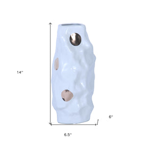 Homeroots 14" White And Gold Polka Dots Wavy Ceramic Table Vase  Ceramic 571599