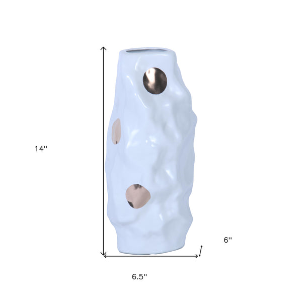 Homeroots 14" White And Gold Polka Dots Wavy Ceramic Table Vase  Ceramic 571599