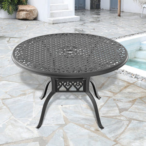 English Elm 47.24-Inch Cast Aluminum Patio Dining Table - Stylish Black Frame With Umbrella Hole, Seats 6 W1710P166012-GIGA
