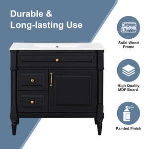 English Elm 36" Bathroom Vanity With Elegant Ceramic Sink, Adjustable Storage, And Sleek Black Finish For Modern Style N725P356064B