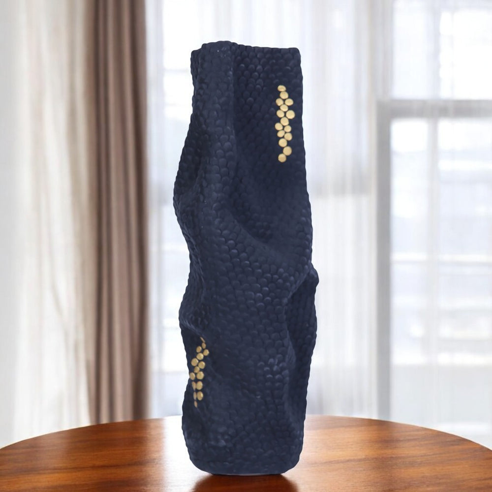 Homeroots 20" Navy Blue And Gold Abstract Ceramic Table Vase  Ceramic 571601