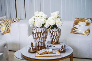 Homeroots 18" White And Gold Abstract Urn Ceramic Ginger Jar  Ceramic 571609