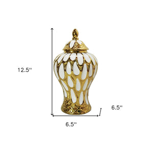 Homeroots 13" White And Gold Abstract Urn Ceramic Ginger Jar  Ceramic 571610