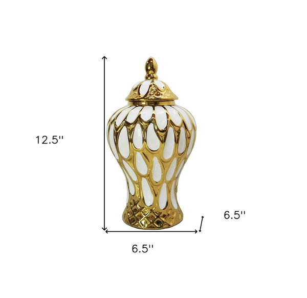 Homeroots 13" White And Gold Abstract Urn Ceramic Ginger Jar  Ceramic 571610